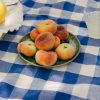 blårutig duk med ett fat med persikor